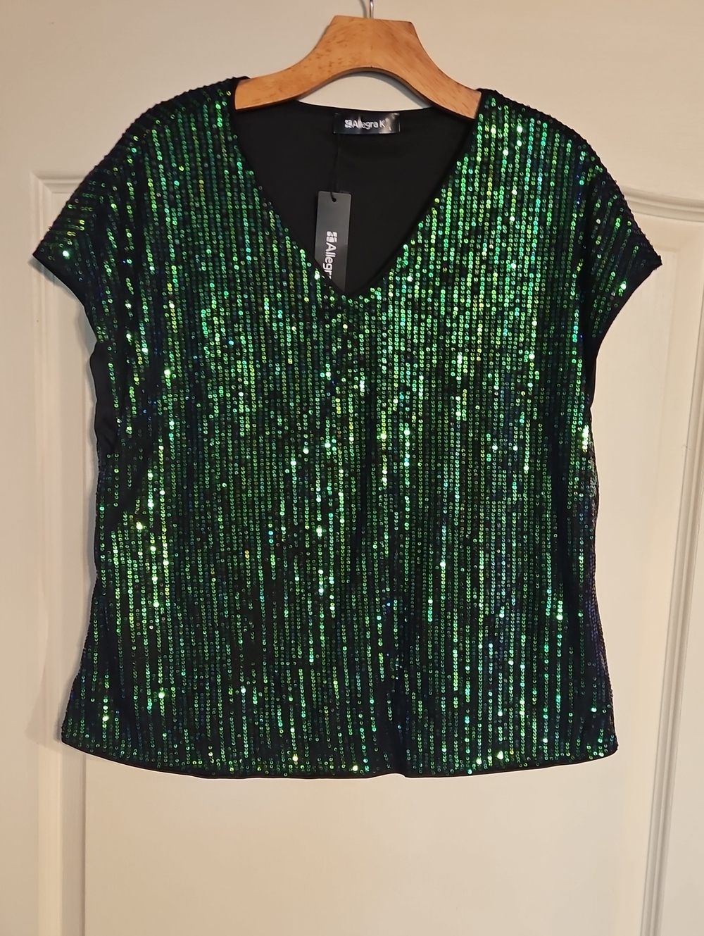 NWT Allegra K Green Sequin V-Neck Women's Top